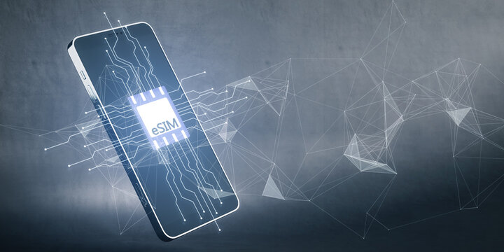 Close up of smartphone with Esim chip card icon with circuit on blurry light polygonal background. Embedded sim card cellular mobile technology smart concept. 3D Rendering.