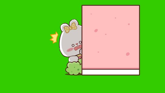 Animated Cute Polar Bear Surprised Running to Hide Behind a Wall - Green Screen