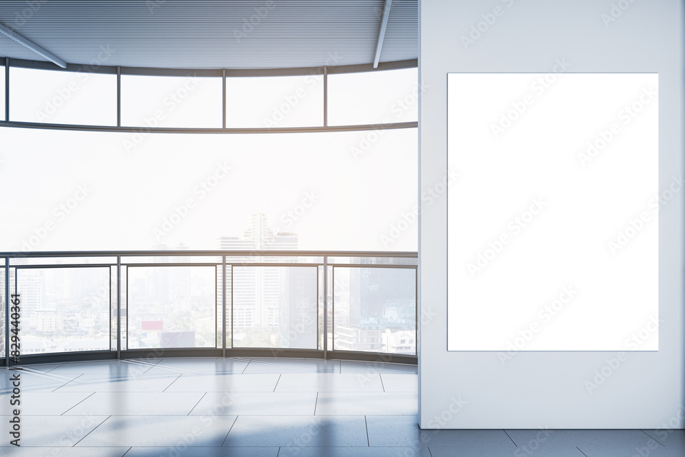 Poster empty modern spacious balcony with white mock up banner on wall, glass railings and mock up place, b