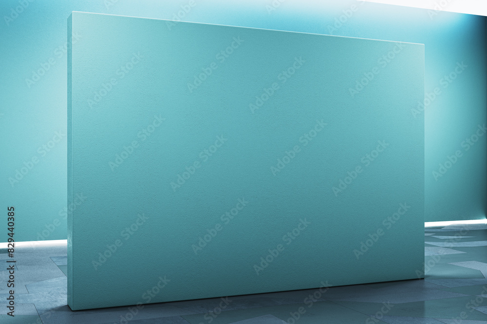 Poster empty blue gallery wall poster with mock up place. museum concept. 3d rendering.