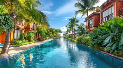 Fototapeta premium Luxury tropical resort with a long swimming pool surrounded by palm trees and red wooden bungalows on a sunny day