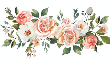 Watercolor flowers pink and white roses. Bouquet for