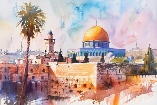 Watercolor hand draw The Al-Aqsa Mosque in Jerusalem is one of the oldest mosques in the world and holds significant religious importance in Islam.