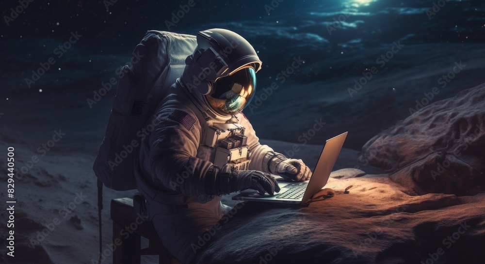 Canvas Prints astronaut in space with a laptop on an alien planet
