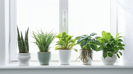 Decorative plants in pots stand on the windowsill near the horse close-up