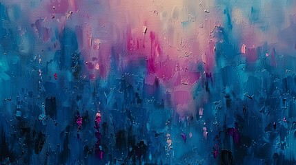  A painting features blues, pinks, and purples with water droplets cascading down a window pane's exterior