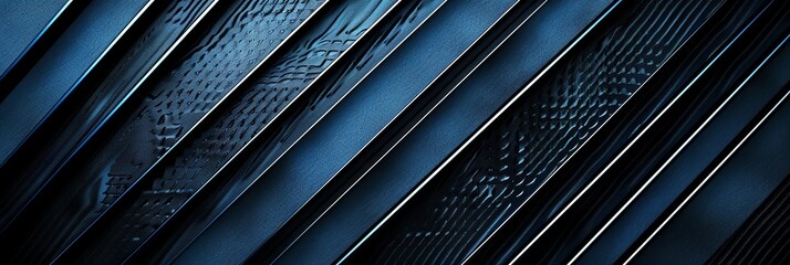 Obraz premium Regular blue and navy blue three-dimensional striped background, black background aspect ratio 3:1, for banner, landing page, website