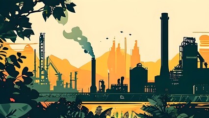 illustration of an industrial landscape scene in a minimalistic hyper realistic style
