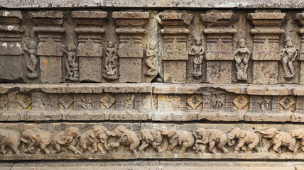 Carving of Some Erotic Sculptures and Elephants in Lower Case, Kedareshwara Temple, Dharmapuri,...