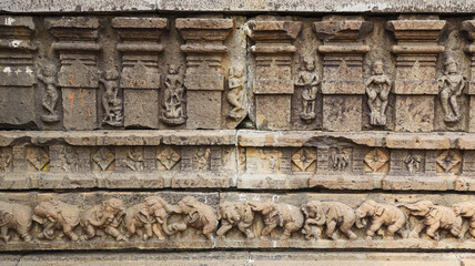 Carving of Some Erotic Sculptures and Elephants in Lower Case, Kedareshwara Temple, Dharmapuri, Beed Maharashtra India.