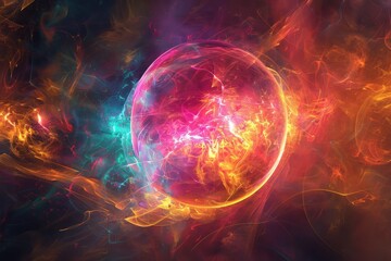 Obraz premium Magical Neon Sphere in the Night Sky - Abstract Vibrant Cosmic Glow Postproducted Digital Illustration. Generative AI. Beautiful simple AI generated image in 4K, unique.