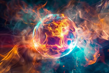 Obraz premium Science and Technology Concept, Atomic Structure with Nucleus - a Symbolic Image of Elementary Particle on Black Background. Beautiful simple AI generated image in 4K, unique.