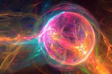 Obraz premium Abstract energy sphere with glowing bright particles, atom from energy scientific futuristic hi-tech background. Beautiful simple AI generated image in 4K, unique.