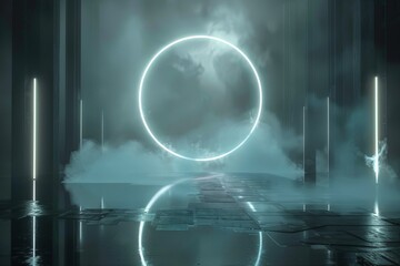 Fototapeta premium Magical Neon Sphere in the Night Sky - Abstract Vibrant Cosmic Glow Postproducted Digital Illustration. Generative AI. Beautiful simple AI generated image in 4K, unique.
