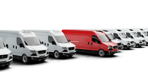 Row of white delivery vans and one red van isolated