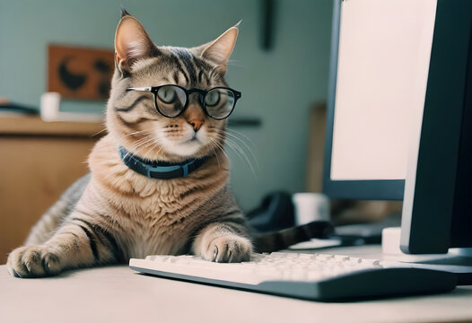 a cat wearing glasses sits on a desk next to a computer.