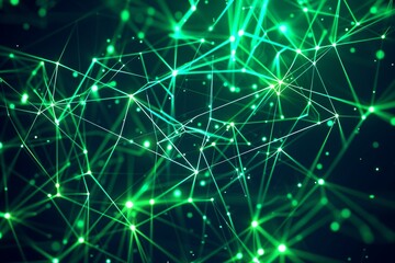 Fototapeta premium A vibrant digital background showcasing a web of glowing neon green lines and nodes against a dark backdrop.