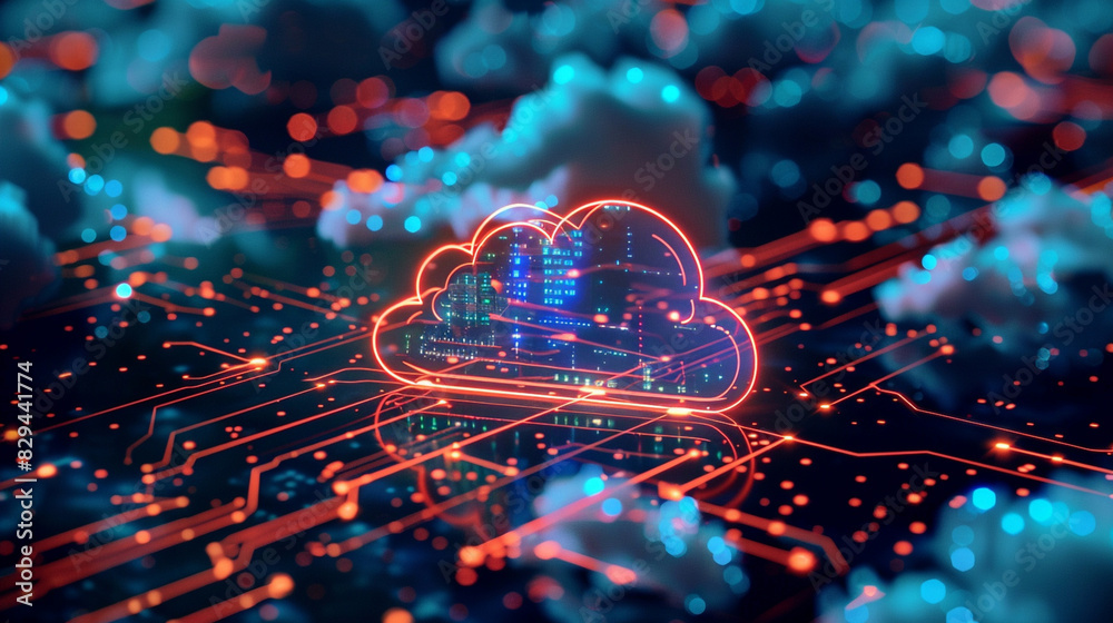 Poster Cloud computing technology concept. Cloud technology, computing. Devices connected to digital storage in the data center via the Internet.