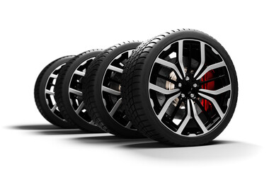 Row of black car wheels with alloy rims on transparent background © Photocreo Bednarek