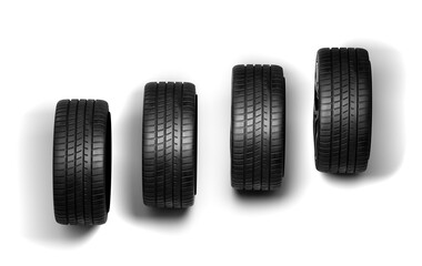 Four black car tires in a row on transparent background © Photocreo Bednarek