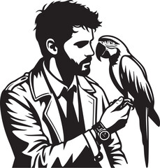Man with Parrot Vector Illustration Silhouette. Parrot on Man's Shoulder and Looking at him.