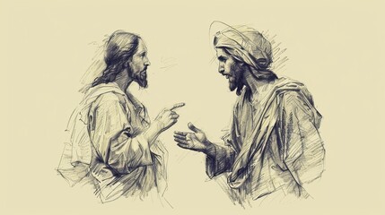 Obraz premium Biblical Illustration: The Samaritan Woman, Jesus at Jacob's Well, Revealing His Identity as Messiah, Beige Background, Copyspace