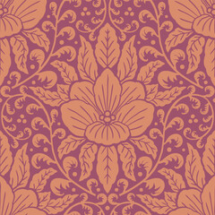 Seamless orange Damask pattern on an red background. Floral abstract repeat monochrome background.