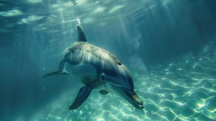 A close-up underwater view of a dolphin swimming
