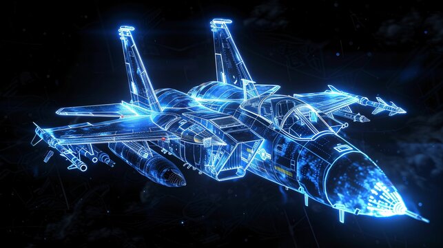An illustration of fighter jet in blue print wireframe , A fighter jet is depicted in the center of an air battle map with data and holographic images against a dark blue background