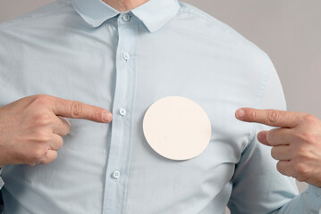 Round badge sticky label mockup template. Pin button on chest. White tags, paper round stickers, isolated rounded signs, circle adhesive symbol