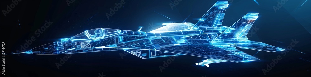 Wall mural an illustration of fighter jet in blue print wireframe , a fighter jet is depicted in the center of  - Wall murals
