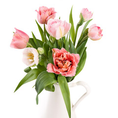 Elegant mixed tulips pink colored spring bouquet on white background. Spring tulips. Tulips bouquet.