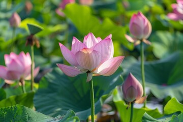 Obraz premium Artistic illustration of lotus flowers with butterflies, ideal for nature-themed decor. Vesak Day greeting card.. Beautiful simple AI generated image in 4K, unique.