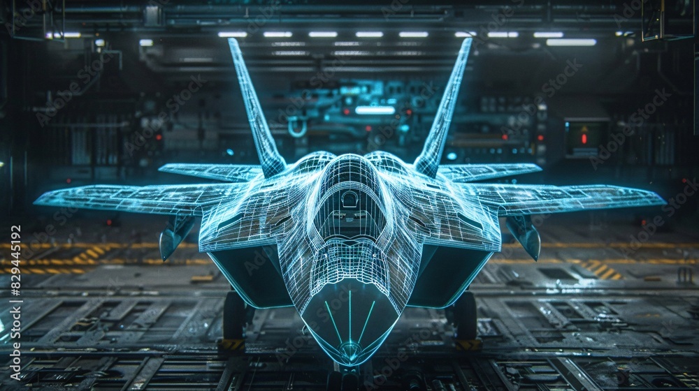 Poster An illustration of fighter jet in blue print wireframe , A fighter jet is depicted in the center of an air battle map with data and holographic images against a dark blue background