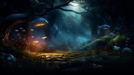 An enchanted forest glowing with bioluminescent plants and creatures The view embodies the mystique and wonder of a magical realm, Magical Night: Bioluminescent Wonders in the Enchanted Forest