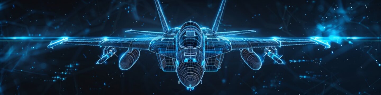 An illustration of fighter jet in blue print wireframe , A fighter jet is depicted in the center of an air battle map with data and holographic images against a dark blue background