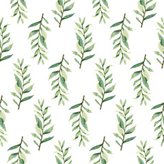 Naklejka premium Watercolor greenery seamless pattern, floral texture on white background