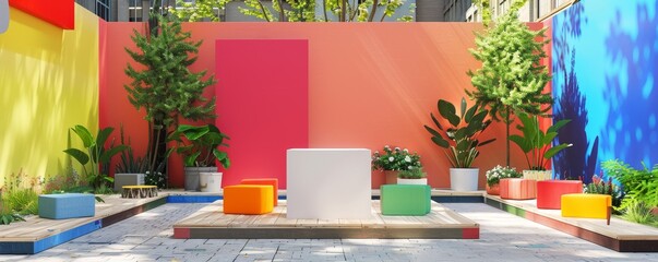 Bright pop-art outdoor space with a central podium and colorful seating