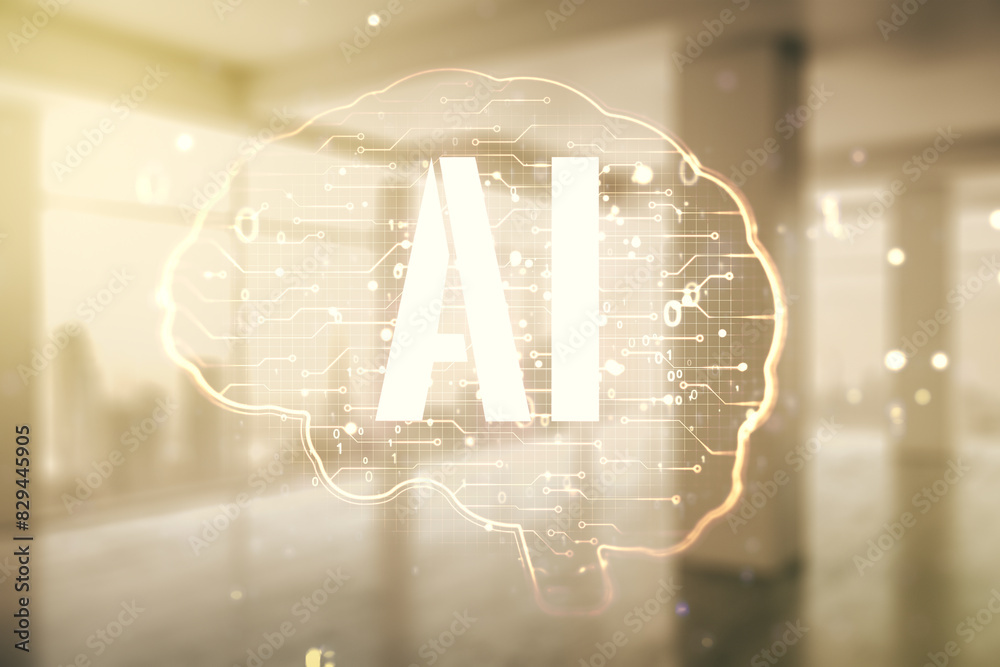 Aufkleber double exposure of creative human brain microcircuit hologram on empty room interior background. fut
