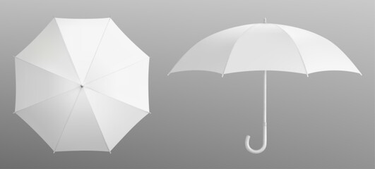 White 3d isolated blank umbrella mockup vector. Realistic parasol with handle mock up for branding and advertising set. Rain weather season fashion. Various waterproof open object front and top view © klyaksun