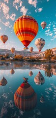 Fototapeta premium Vibrant Hot Air Balloons Reflecting Over Serene Lake at Sunrise