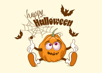 cartoon groovy character pumpkins, halloween pumpkin with a spider web, holiday card.