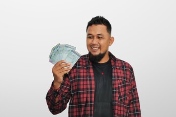 a man happy waving Cash. White background. Expression of face