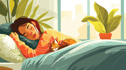 Woman with cat sleeping in bed. Cozy home rest Cartoon