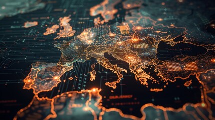 Digital Network Map Covering Europe - High-Tech Communication and Connectivity Concept