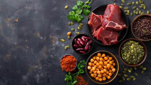 High-Protein Foods Assortment on Dark Background - Meat, Legumes, Seeds, and Spices