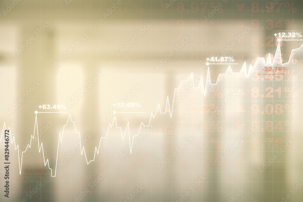 Aufkleber multi exposure of virtual abstract financial diagram on abstract empty interior background, banking 