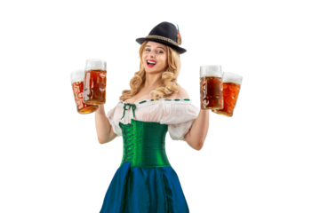 Oktoberfest girl waitress. Woman in dirndl, tyrolean hat serving big beer mugs on isolated background. Traditional Bavarian, German, Austrian party, autumn festival