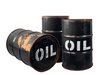 Barrel of oil. Rusty dangerous barrel with fuel or crude oil on isolated background