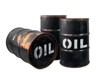 Barrel of oil. Rusty dangerous barrel with fuel or crude oil on isolated background